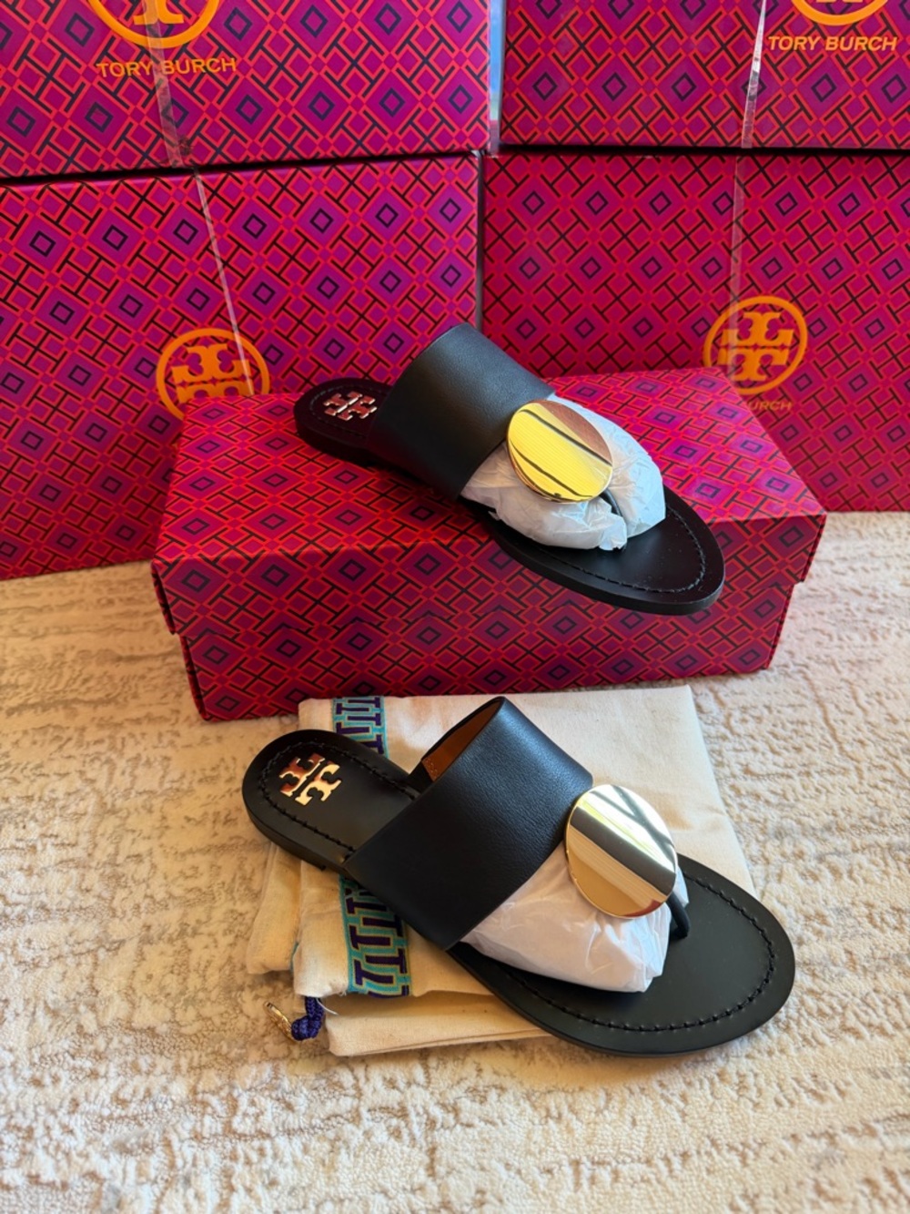 Tory Burch Black Leather Slide Sandals with Gold Disc Accent